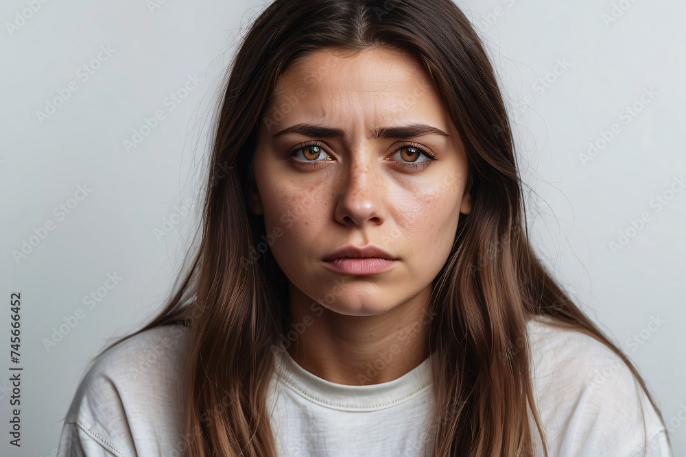 A woman's troubled face shows a contemplative look, resting her cheek on her hand A woman's troubled face shows a contemplative look, resting her cheek on her hand