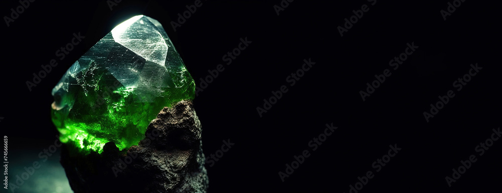 Fluor-uvite is rare precious natural stone on black background. AI generated. Header banner mockup with space.