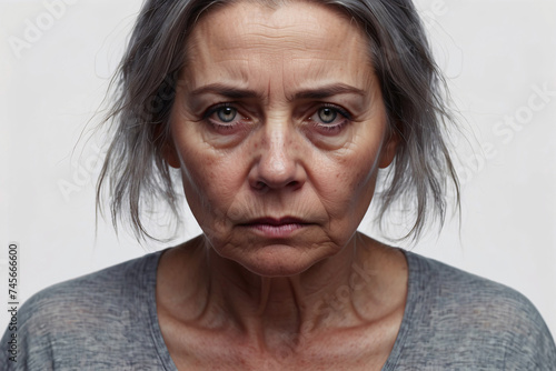 A mature woman's face captures a raw and poignant moment with an intense expression photo