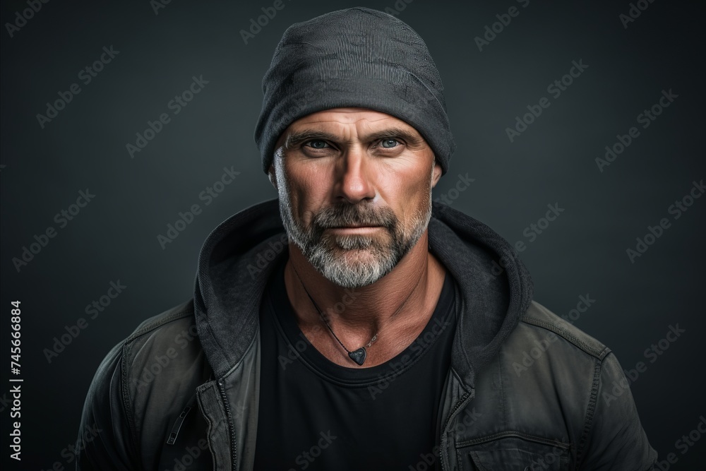 Portrait of a bearded man in a cap on a dark background. Portrait of a bearded man in a cap on a dark background.