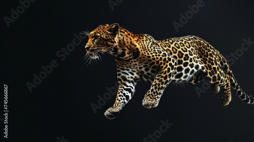 Leopard jump on a black background. Flying animal.