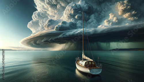 Sailboat under dramatic storm clouds at sea