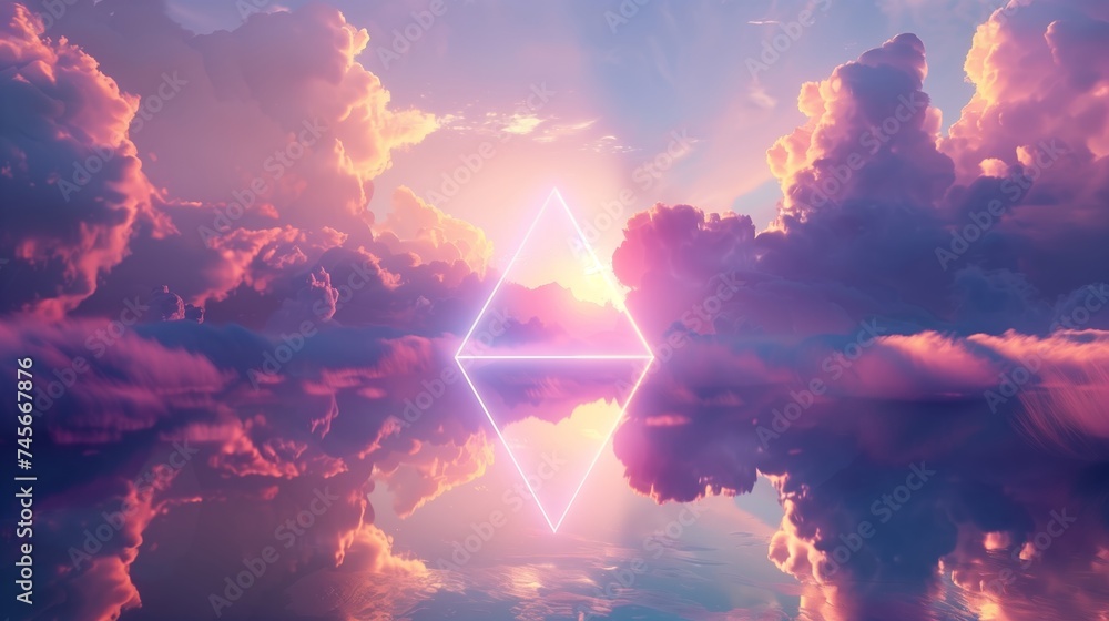 ethereal triangle portal amidst majestic clouds reflecting on tranquil waters at sunset