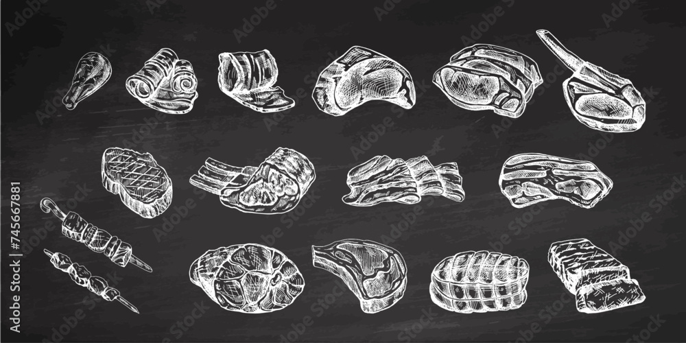 Set of hand-drawn sketches of different types of meat, steaks, chicken, kebabs, bacon, tenderloin, pork, beef, ham, barbecue. Vintage illustration on chalkboard background.