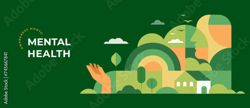 Mental Health Awareness Month. Raising awareness of mental health campaign. Geometric modern style. Vector concept design