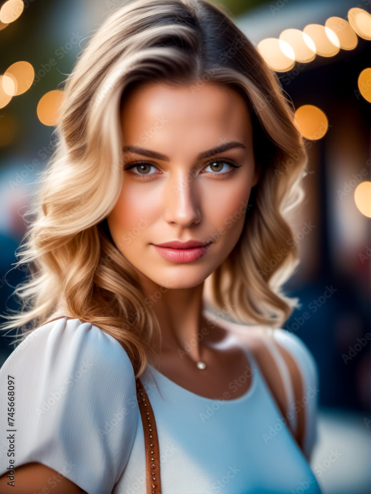 Woman with blonde hair and blue eyes is posing for picture in front of boke of lights. Woman with blonde hair and blue eyes is posing for picture in front of boke of lights.