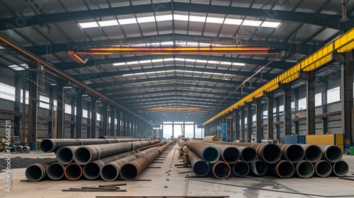heavy industry manufacturing facility with large steel tubes and lifting equipment © pier