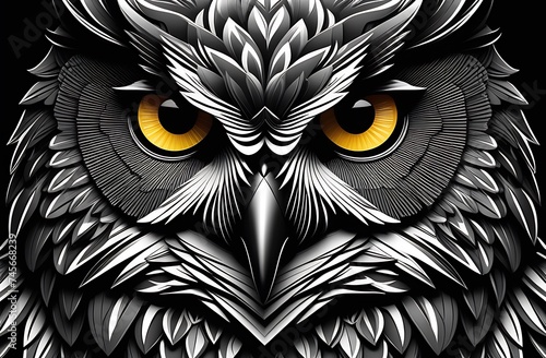 An owl head in black and white with yellow eyes close up for tattoo or product design