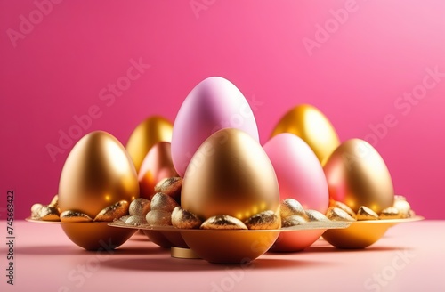 Easter golden eggs on pink background greeting card