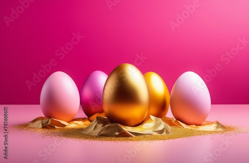Easter golden eggs on pink background greeting card