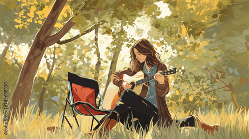 Vector illustration long shot young woman sitting outdoors playing an acoustic guitar with sunlight filtering through the trees, giving the scene a warm and peaceful ambiance 