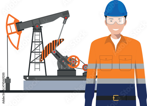 Standing Worker in Work Uniform, Safety Helmet and Oil Pump in Flat Style. Vector Illustration