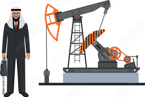 Arab Muslim Businessman in Traditional National Clothes and Oil Pump in Flat Style. Vector Illustration.