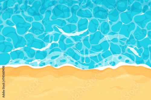 Beach with sand water ripple surface with sunlight reflections, game texture top view. Beach, ocean clean and deep water.