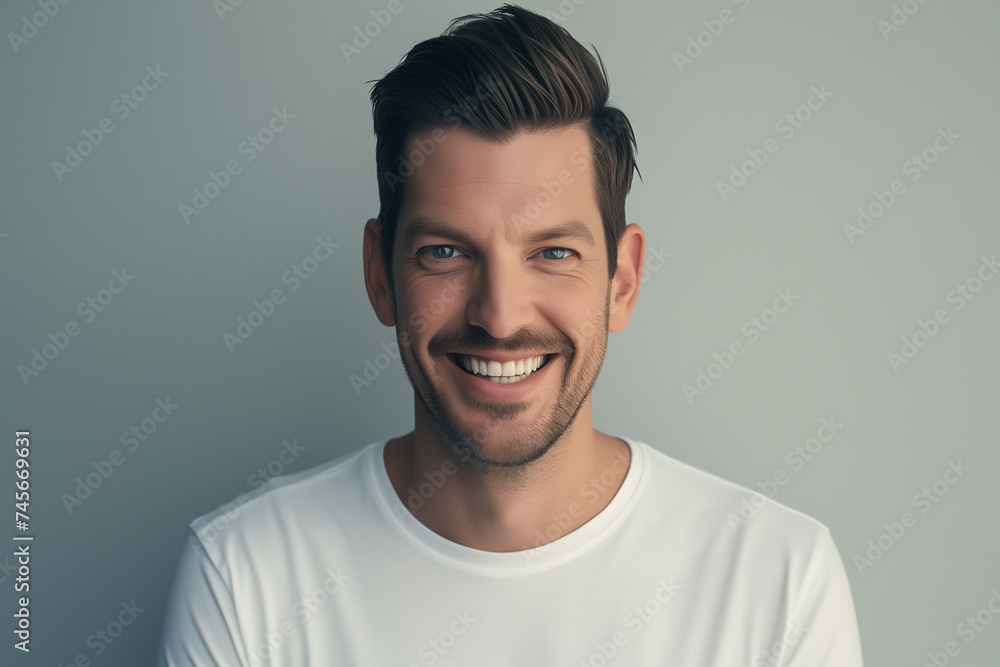happy young man smiling,white t-shirt,elegant formal
