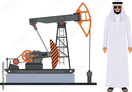 Arab Muslim Businessman in Traditional National Clothes and Oil Pump in Flat Style. Vector Illustration.