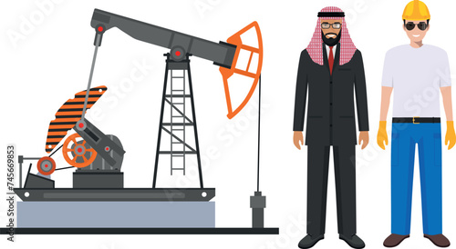 Arab Muslim Businessman, Worker in Safety Helmet and Oil Pump in Flat Style. Vector Illustration.
