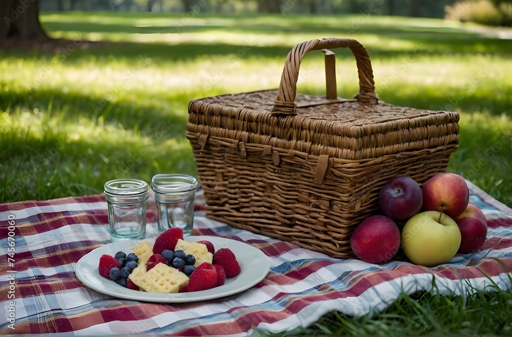 Serenity in Nature: A Relaxing Picnic Amidst Greenery with a Basket of Goodies, generative AI Serenity in Nature: A Relaxing Picnic Amidst Greenery with a Basket of Goodies, generative AI