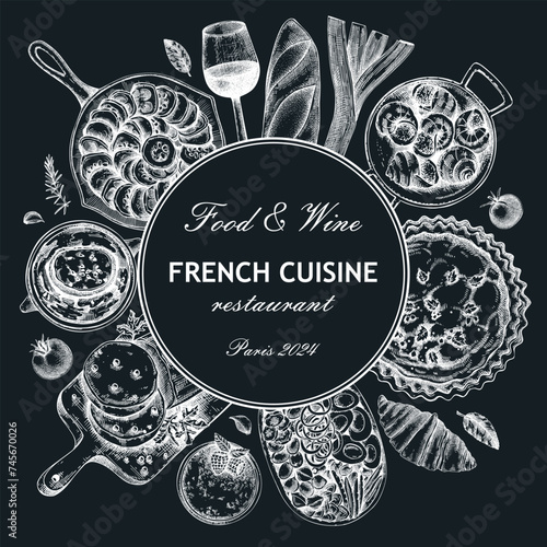 French food wreath design. Retro food and wine sketches on chalkboard. European restaurant menu template. France background. Hand-drawn vector illustration, NOT AI generated