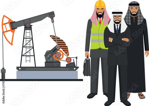 Arab Muslim Businessman, Engineer and Oil Pump in Flat Style. Vector Illustration.