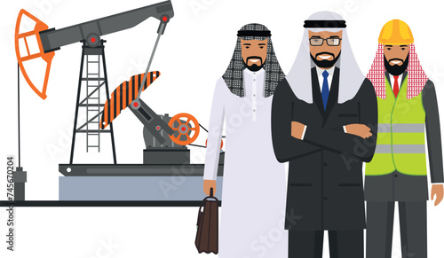 Arab Muslim Businessman, Engineer and Oil Pump in Flat Style. Vector Illustration.