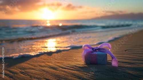 The last light of sunset bathes a sandy beach, highlighting a gift with a purple bow amidst serene surroundings