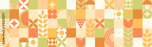 Autumn geometric background, yellow and orange ornament with leaves and mushrooms. Mosaic seamless pattern in earthy tones.	