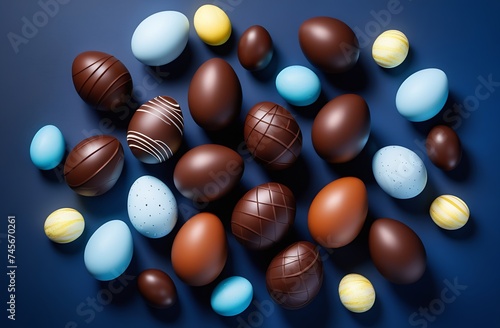 Easter eggs blue, chocolate colored on blue background