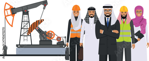 Arab Muslim Businessman in Traditional National Clothes, Engineer in Work Uniform and Safety Helmet and Oil Pump in Flat Style. Vector Illustration