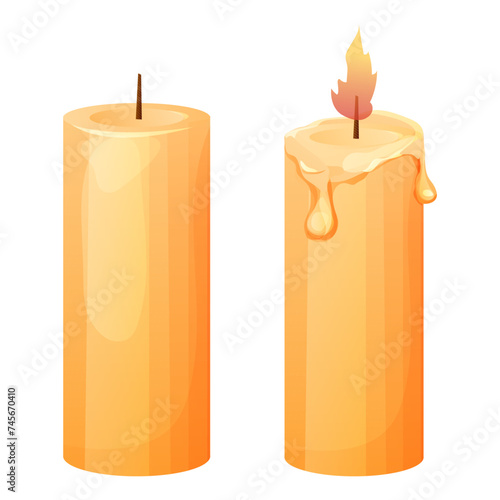 set Wax candle, paraffin or soy with fire and not, flame isolated on white background. 