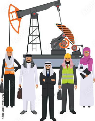 Arab Muslim Businessman in Traditional National Clothes, Engineer in Work Uniform and Safety Helmet and Oil Pump in Flat Style. Vector Illustration