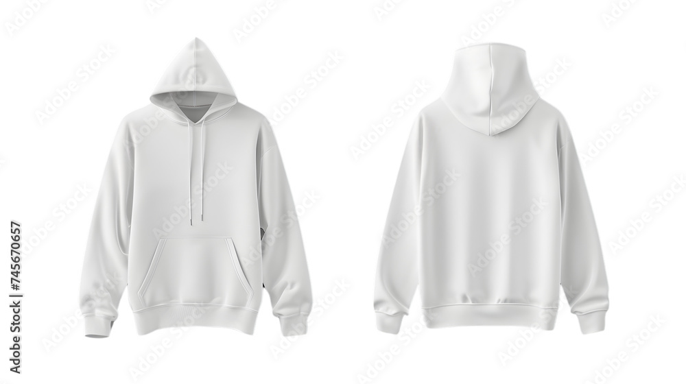 Isolated plain white hoodie mockup, seen from the front and back on a transparent white background - obrazy, fototapety, plakaty 