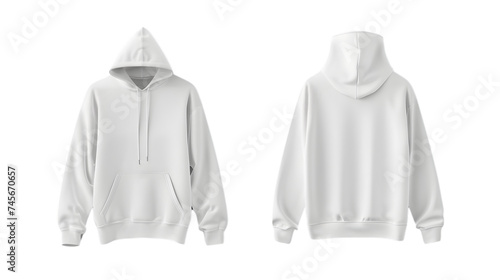 Isolated plain white hoodie mockup, seen from the front and back on a transparent white background