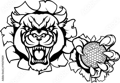 A panther cougar or jaguar cat animal sports mascot holding golf ball breaking through the background with its claws