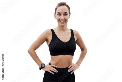 A female trainer sports a slender body in fitness clothes. Transparent isolated background. © muse studio