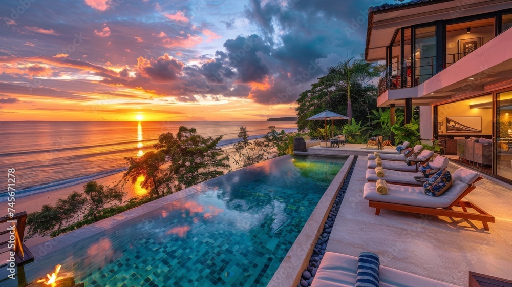 An elegant beachfront villa's infinity pool overlooks a serene sunset, blending luxury with the natural beauty of a seaside evening.
