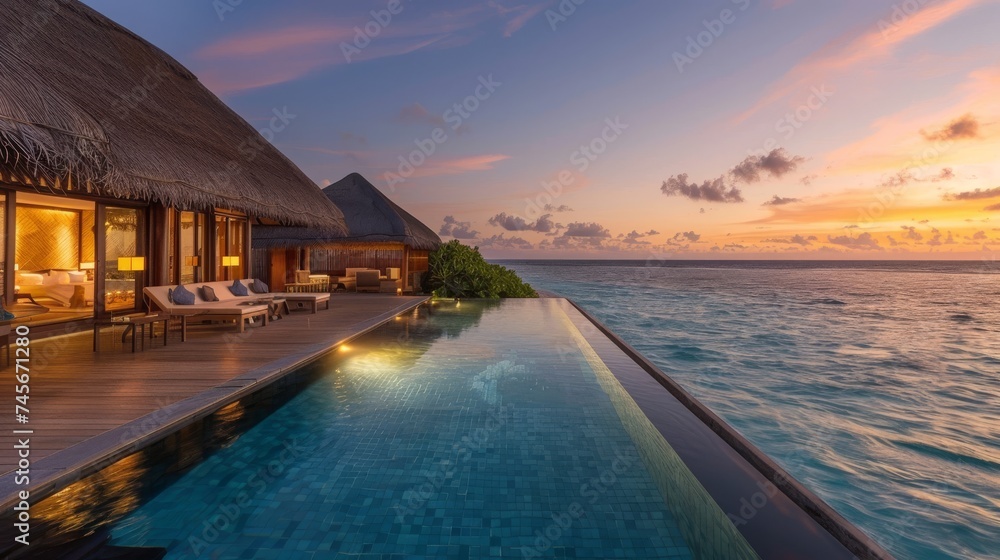 A tranquil overwater bungalow featuring an infinity pool merges seamlessly with the ocean horizon at dusk, offering a peaceful retreat.