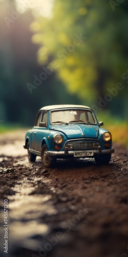 Small Blue Car Driving Down Muddy Road