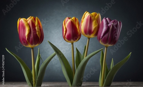 Three Tulips in a Row on a Table