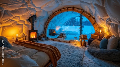 Inside a snug igloo, a warm fireplace lights up the room, with a picturesque snowy landscape visible through a clear dome window.