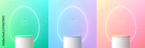 Set of 3D happy easter day podium background. Yellow, blue, pink and white podium with neon egg oval shape scene. Platforms mockup product display. Abstract composition minimal design. Stage showcase.