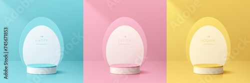 Set of 3D happy easter day background. Yellow, blue, pink and white podium with oval egg shape backdrop scene. Pastel minimal abstract room. Mockup product display. Geometric platforms. Stage showcase