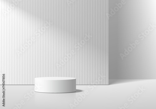3D podium background with white cylinder podium on vertical pattern wall scene with light shadow. Platforms mockup product display presentation. Abstract composition in minimal design. Stage showcase.
