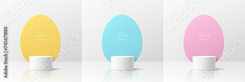 Set of 3D happy easter day background. White podium with Yellow, blue and pink oval egg shape backdrop scene. Pastel minimal abstract rooms. Mockup product display. Geometric platforms. Stage showcase