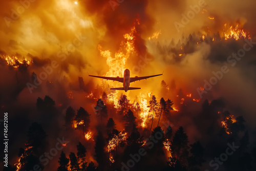 Plane flies over a forest engulfed in flames, and billowing smoke rises from the burning trees. The fire appears to be intense and large-scale, creating a dangerous situation for the surrounding area