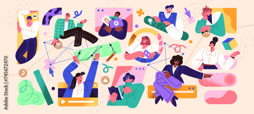 Team communication concept. Project management. Employees setting tasks, work during meeting with video call. Office workers discuss, feedback. Teamwork workflow. Flat isolated vector illustration