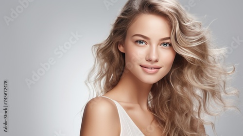 beautiful ,woman, glowing, skin, hair, elegant ,aura, medical ,spa, website ,banner, realistic, image, white, background, cleanliness, purity, beauty, radiant ,skin, poised, appearance, visually str