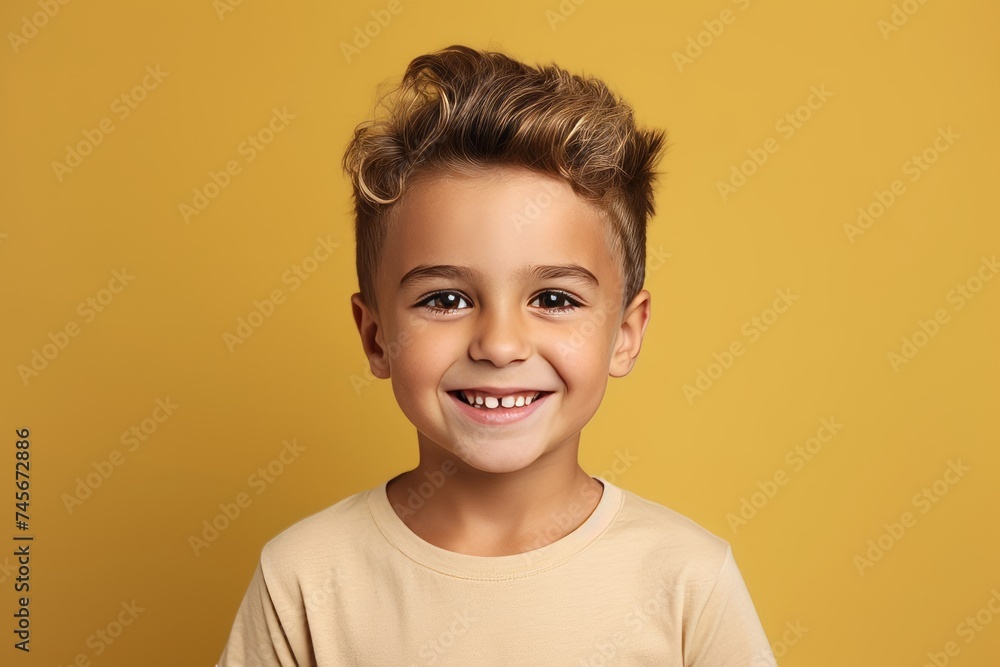 Portrait of a cute little boy smiling at camera over yellow background Portrait of a cute little boy smiling at camera over yellow background