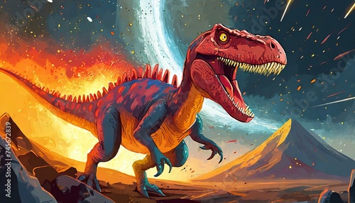 A scared dinosaur running in panic  asteroid attack