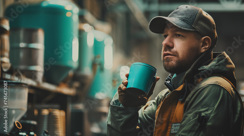 Wallpaper Mural Tired worker wearing helmet and taking a coffee break in the warehouse Torontodigital.ca